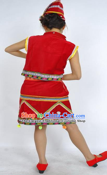 Chinese Yunnan National Minority Performance Dress Va Nationality Woman Garment Costumes Wa Ethnic Dance Red Uniforms and Headpiece