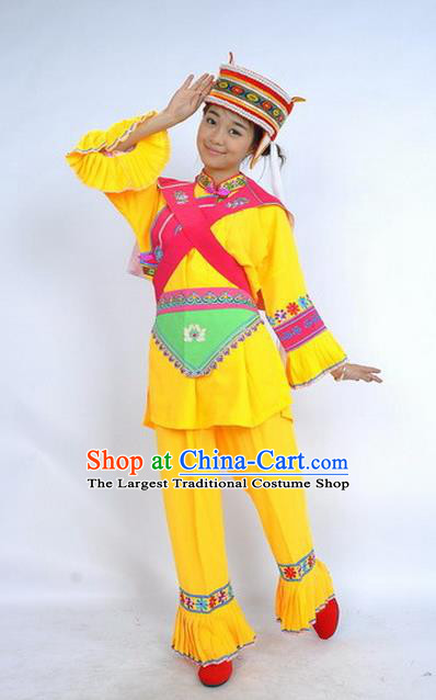 Chinese Yi Ethnic Dance Yellow Uniforms National Minority Performance Clothing Yunnan Nationality Woman Garment Costumes and Hat
