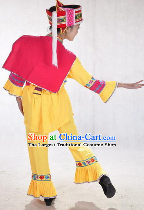 Chinese Yi Ethnic Dance Yellow Uniforms National Minority Performance Clothing Yunnan Nationality Woman Garment Costumes and Hat