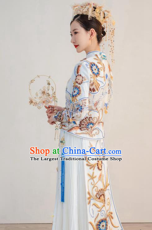 Chinese Classical White Xiuhe Suits Ceremony Toasting Clothing Traditional Wedding Garment Costumes Ancient Bride Dress