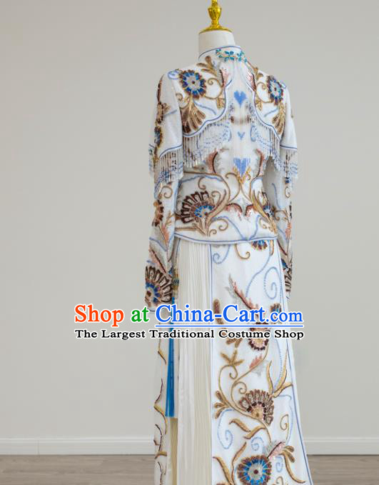 Chinese Classical White Xiuhe Suits Ceremony Toasting Clothing Traditional Wedding Garment Costumes Ancient Bride Dress
