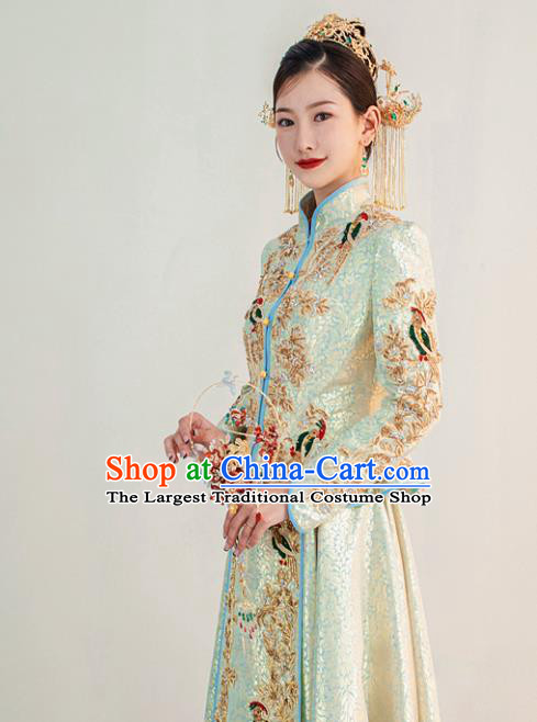 Chinese Ancient Bride Dress Classical Light Blue Xiuhe Suits Ceremony Toasting Clothing Traditional Wedding Garment Costumes