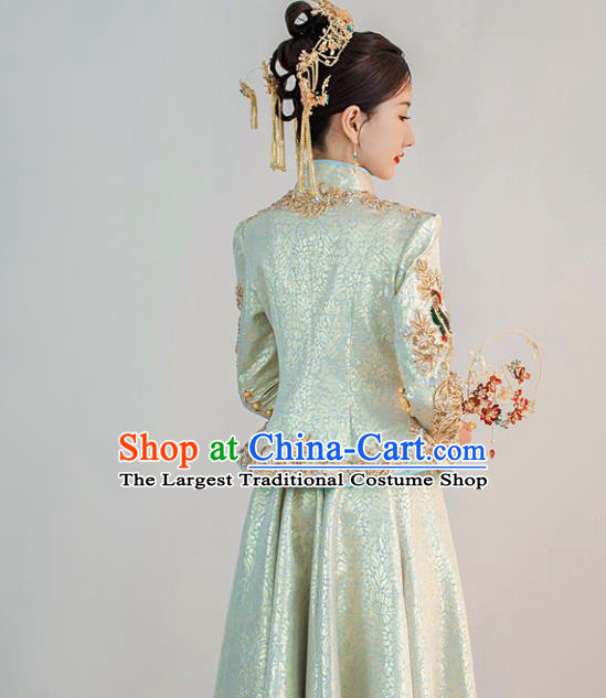 Chinese Ancient Bride Dress Classical Light Blue Xiuhe Suits Ceremony Toasting Clothing Traditional Wedding Garment Costumes