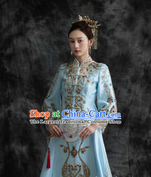Chinese Traditional Wedding Garment Costumes Ancient Bride Light Blue Dress Classical Embroidery Beads Xiuhe Suits Ceremony Toasting Clothing