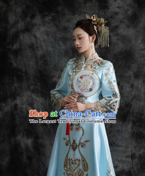 Chinese Traditional Wedding Garment Costumes Ancient Bride Light Blue Dress Classical Embroidery Beads Xiuhe Suits Ceremony Toasting Clothing