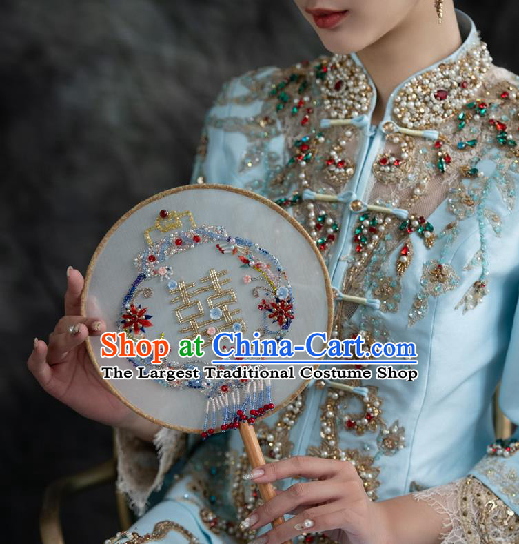 Chinese Traditional Wedding Garment Costumes Ancient Bride Light Blue Dress Classical Embroidery Beads Xiuhe Suits Ceremony Toasting Clothing