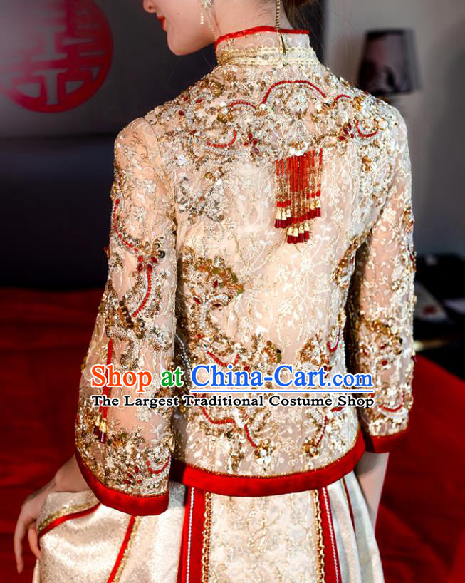 Chinese Classical Light Golden Xiuhe Suits Wedding Ceremony Clothing Traditional Bride Toasting Garment Costumes Ancient Embroidered Dress