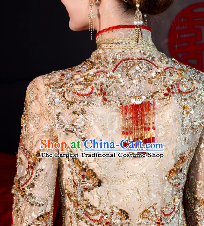 Chinese Classical Light Golden Xiuhe Suits Wedding Ceremony Clothing Traditional Bride Toasting Garment Costumes Ancient Embroidered Dress