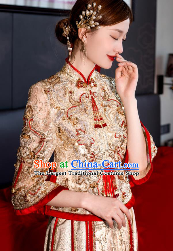 Chinese Classical Light Golden Xiuhe Suits Wedding Ceremony Clothing Traditional Bride Toasting Garment Costumes Ancient Embroidered Dress