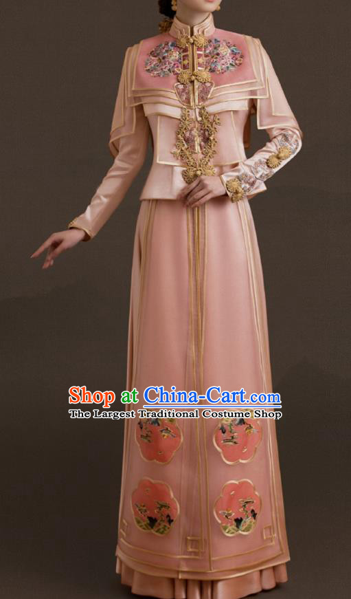 Chinese Wedding Ceremony Clothing Traditional Toasting Garment Costumes Ancient Bride Embroidered Dress Classical Pink Xiuhe Suits