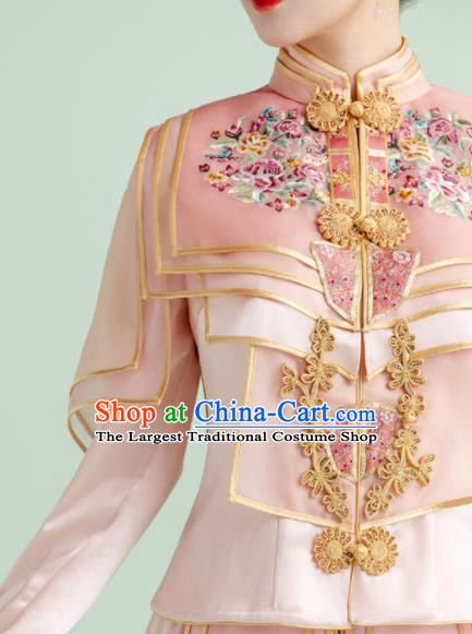 Chinese Wedding Ceremony Clothing Traditional Toasting Garment Costumes Ancient Bride Embroidered Dress Classical Pink Xiuhe Suits