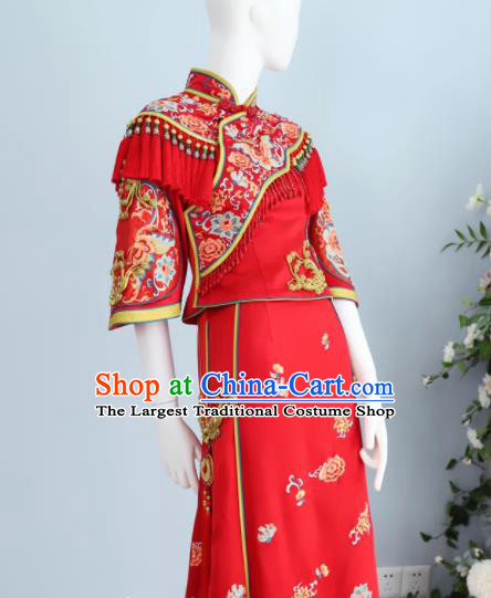 Chinese Classical Embroidered Red Xiuhe Suits Wedding Clothing Traditional Ceremony Toasting Garment Costumes Ancient Bride Dress
