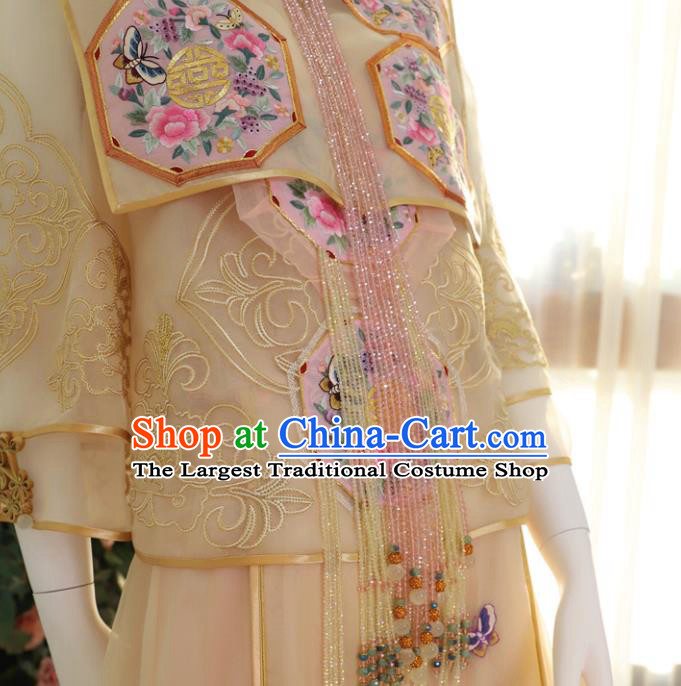 Chinese Traditional Ceremony Clothing Wedding Toasting Garment Costumes Ancient Bride Dress Classical Embroidered Champagne Xiuhe Suits