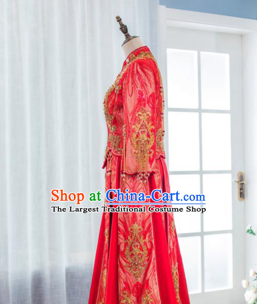 Chinese Classical Embroidered Red Xiuhe Suits Traditional Ceremony Clothing Wedding Toasting Garment Costumes Ancient Bride Dress