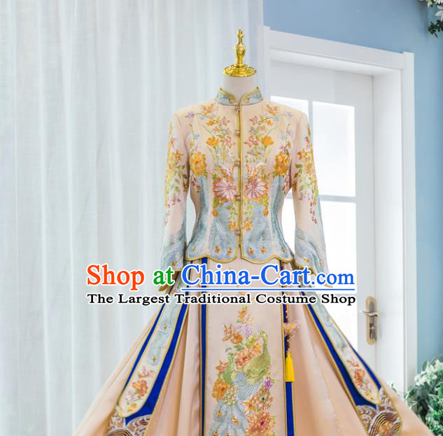 Chinese Ancient Bride Champagne Garment Costumes Classical Embroidered Xiuhe Suits Traditional Hanfu Dress Wedding Ceremony Toasting Clothing