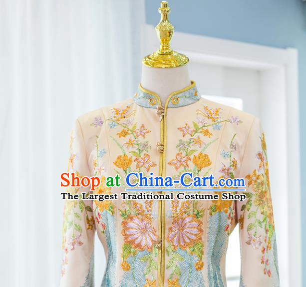 Chinese Ancient Bride Champagne Garment Costumes Classical Embroidered Xiuhe Suits Traditional Hanfu Dress Wedding Ceremony Toasting Clothing
