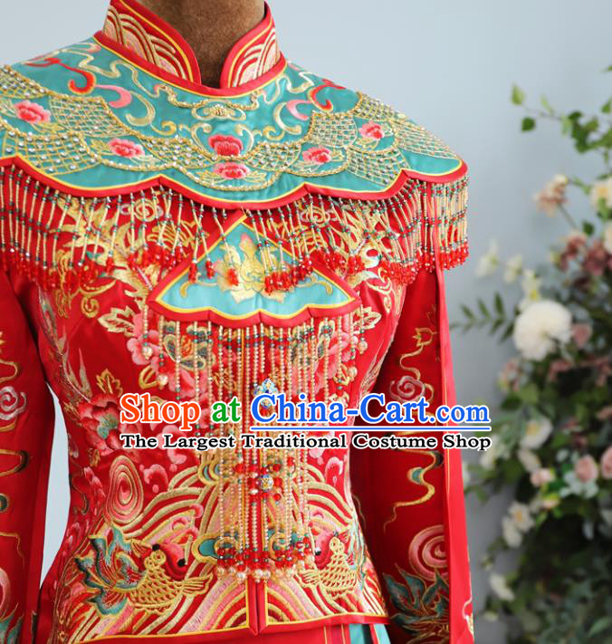 Chinese Wedding Ceremony Toasting Clothing Ancient Bride Garment Costumes Classical Embroidered Xiuhe Suits Traditional Red Hanfu Dress