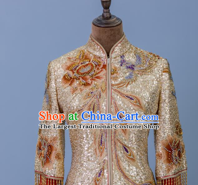 Chinese Traditional Hanfu Dress Wedding Ceremony Toasting Clothing Ancient Bride Garment Costumes Classical Embroidered Golden Xiuhe Suits
