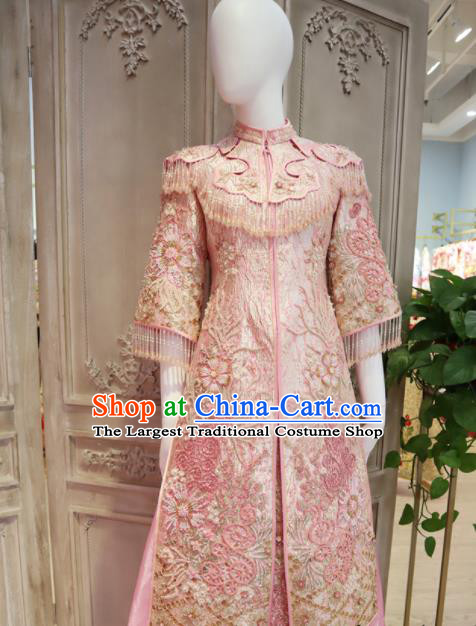 Chinese Bride Toasting Clothing Ancient Empress Garment Costumes Classical Wedding Xiuhe Suits Traditional Embroidered Pink Hanfu Dress