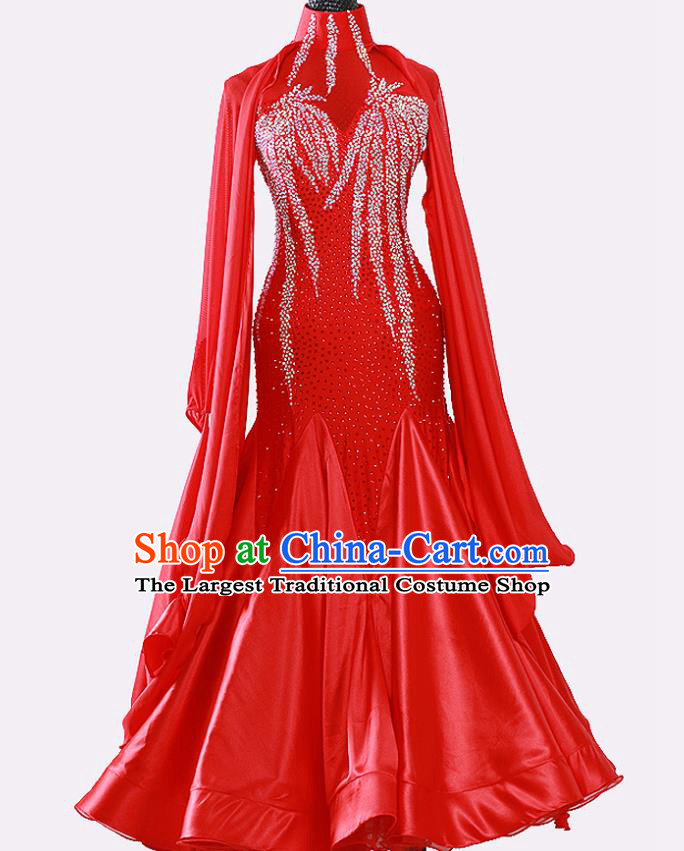 Professional International Dance Competition Clothing Woman Waltz Dance Garment Ballroom Dance Fashion Costume Modern Dance Red Dress