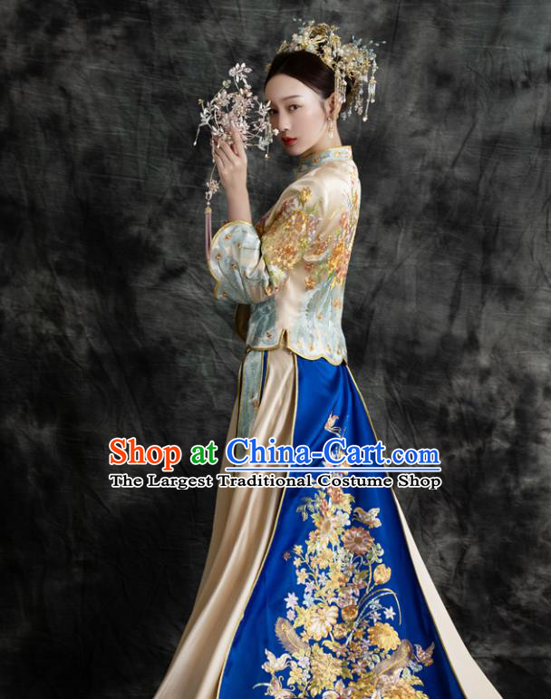 Chinese Traditional Embroidered Trailing Hanfu Dress Wedding Toasting Clothing Ancient Bride Garment Costumes Classical Champagne Xiuhe Suits