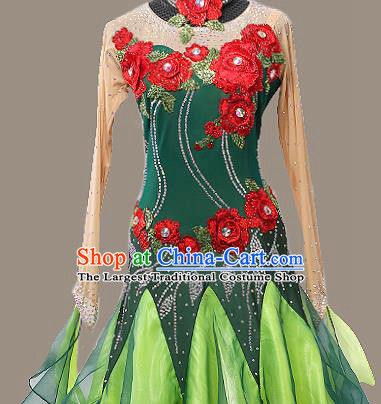 Custom Modern Dance Embroidered Green Dress International Dance Garment Ballroom Dancing Clothing Waltz Competition Fashion