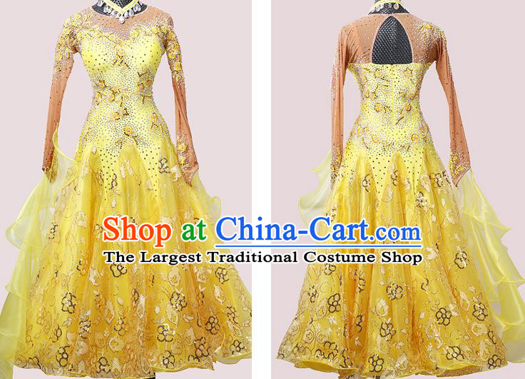 Custom International Dance Competition Yellow Dress Ballroom Dancing Clothing Waltz Performance Fashion Modern Dance Garment