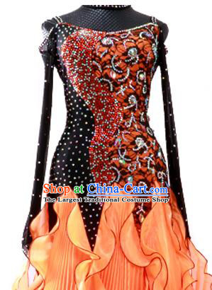 Custom Modern Dance Clothing International Dance Fashion Garment Waltz Dancing Orange Dress Ballroom Competition Dancewear