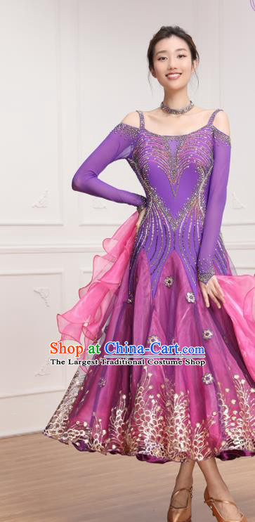 Custom Modern Dance Clothing International Dance Garment Tango Performance Costume Waltz Competition Purple Dress Ballroom Dancing Fashion