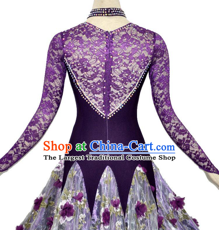 Custom Woman Waltz Training Dancewear Ballroom Dancing Purple Lace Dress Modern Dance Clothing International Dance Garment