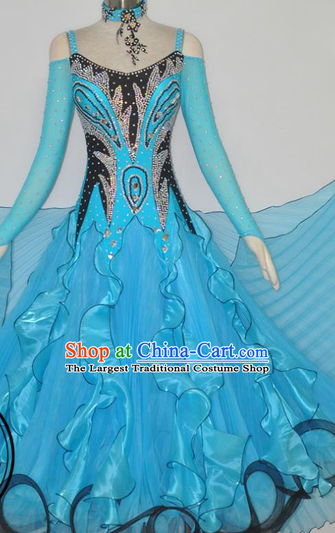Custom Ballroom Dancing Costume Modern Dance Blue Dress International Dance Competition Garment Woman Waltz Performance Dancewear