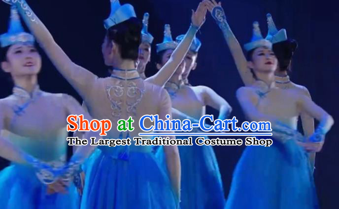 Chinese Mongolian Minority Dance Outfits Ethnic Stage Performance Garment Costume Mongol Nationality Group Dance Blue Dress Clothing