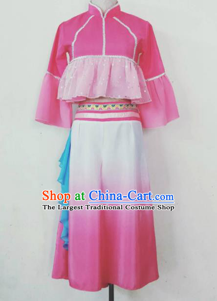 China Women Lotus Dance Fashions Folk Dance Uniforms Fan Dance Costumes Yangko Dance Pink Outfits