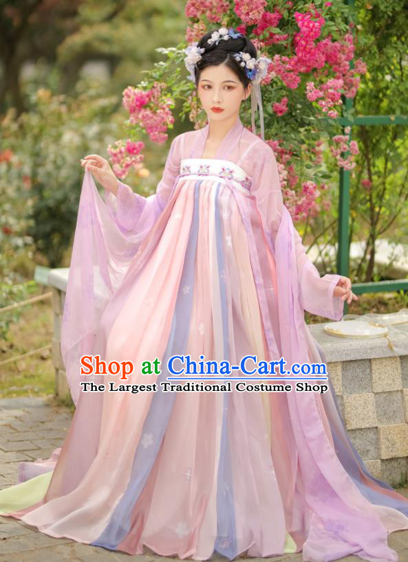 China Tang Dynasty Palace Princess Clothing Traditional Garment Costumes Ancient Young Beauty Pink Hanfu Dress