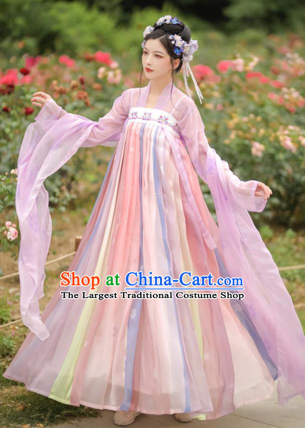 China Tang Dynasty Palace Princess Clothing Traditional Garment Costumes Ancient Young Beauty Pink Hanfu Dress