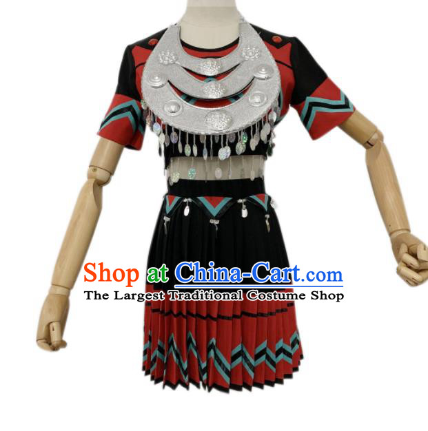 Chinese Yao Nationality Folk Dance Dress Clothing Minority Dance Red Outfits Ethnic Stage Performance Garment Costumes