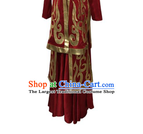 Chinese Mongolian Nationality Folk Dance Clothing Mongol Minority Woman Red Dress Uniforms Ethnic Performance Garment Costumes