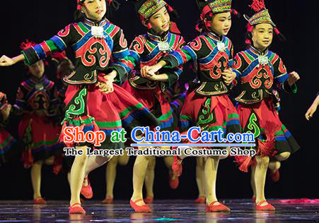 Chinese Yi Minority Children Dress Uniforms Ethnic Performance Garment Costumes Xiangxi Nationality Girl Folk Dance Clothing
