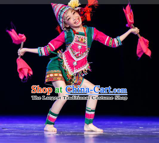 Chinese Jino Minority Performance Garment Costumes Jinuo Nationality Folk Dance Clothing Ethnic Children Green Uniforms