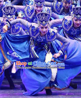 Chinese Mongolian Minority Performance Garment Costumes Mongol Nationality Dance Clothing Ethnic Folk Dance Blue Dress Uniforms