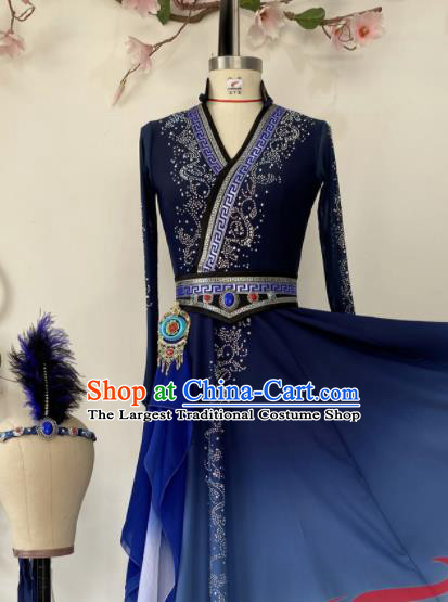 Chinese Ethnic Folk Dance Blue Dress Uniforms Mongolian Minority Performance Garment Costumes Mongol Nationality Woman Clothing