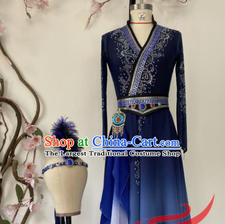 Chinese Ethnic Folk Dance Blue Dress Uniforms Mongolian Minority Performance Garment Costumes Mongol Nationality Woman Clothing