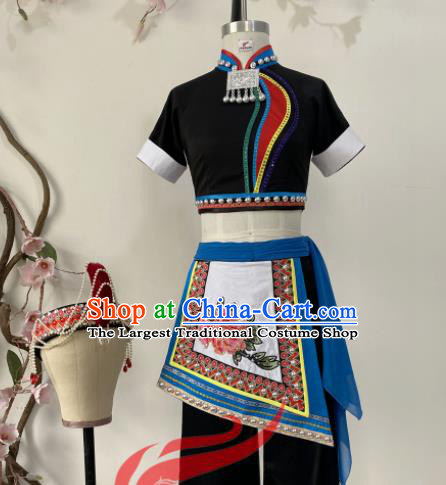 Chinese She Nationality Woman Clothing Ethnic Folk Dance Black Uniforms Minority Performance Garment Costumes
