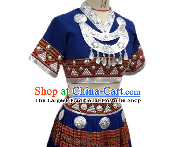 Chinese Yao Nationality Female Clothing Ethnic Folk Dance Blue Dress Uniforms Guangxi Minority Performance Garment Costumes