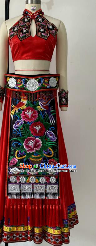 Chinese Jiangxi Minority Performance Garment Costumes She Nationality Female Clothing Ethnic Group Dance Red Dress Uniforms