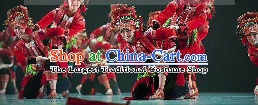Chinese Yi Nationality Folk Dance Clothing Ethnic Wedding Bride Red Dress Uniforms Xiangxi Minority Performance Garment Costumes