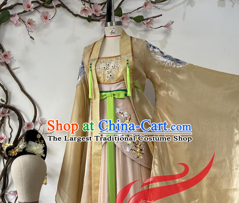 Chinese Woman Group Hanfu Dance Clothing Classical Dance Garment Costumes Stage Performance Li Bai Golden Dress Outfits