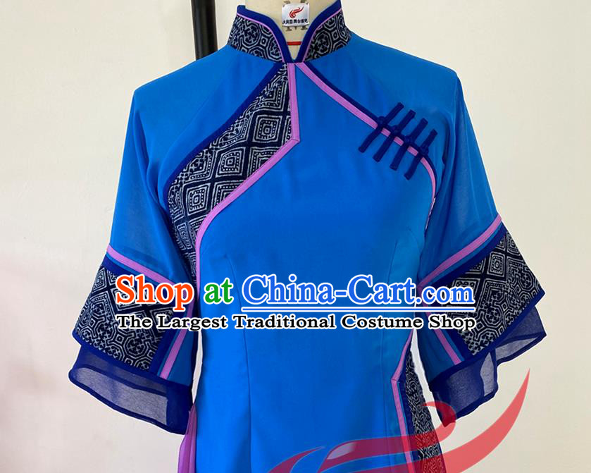China Folk Dance Deep Blue Outfits Woman Group Dance Fashions Yangko Dance Uniforms Fan Dance Costumes