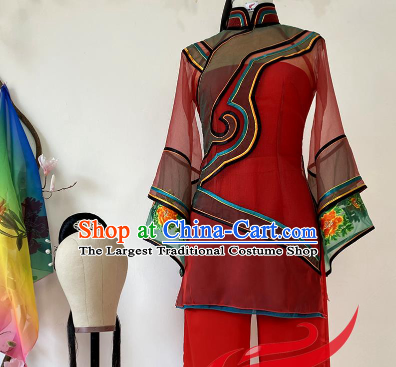 China Fan Dance Costumes Folk Dance Red Outfits Woman Group Dance Fashions Hui Niang Dance Uniforms