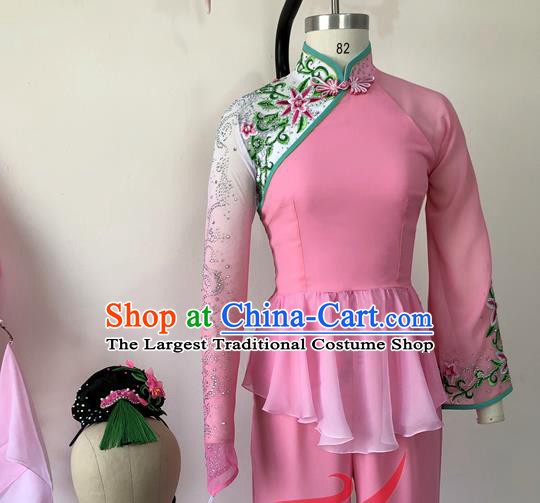 China Woman Group Dance Apparels Jiaozhou Yangko Dance Pink Uniforms Fan Dance Costumes Folk Dance Outfits